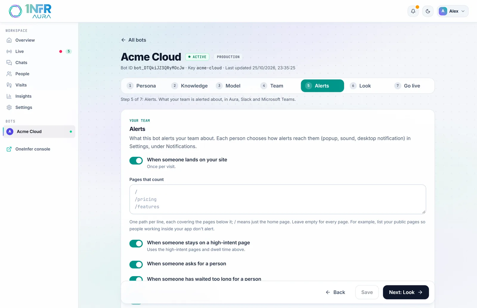 The Alerts step: what the bot alerts about, and the Slack and Teams fields