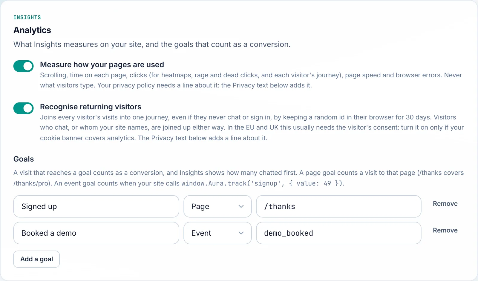 Analytics on the Go live step: measuring pages, returning visitors and goals
