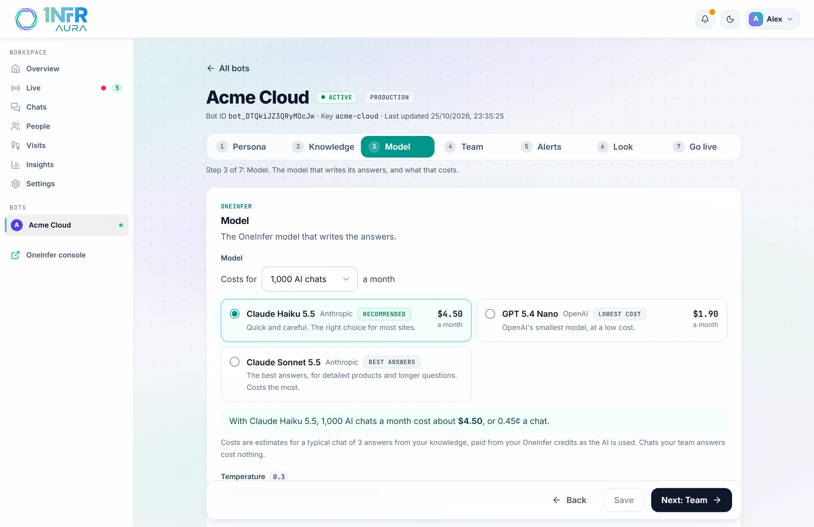 The Model step: models with what 1,000 chats a month cost on each