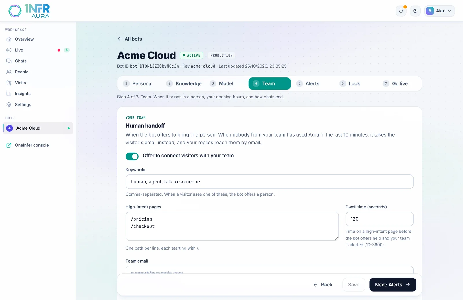 The Team step: human handoff, keywords, high-intent pages and reminders