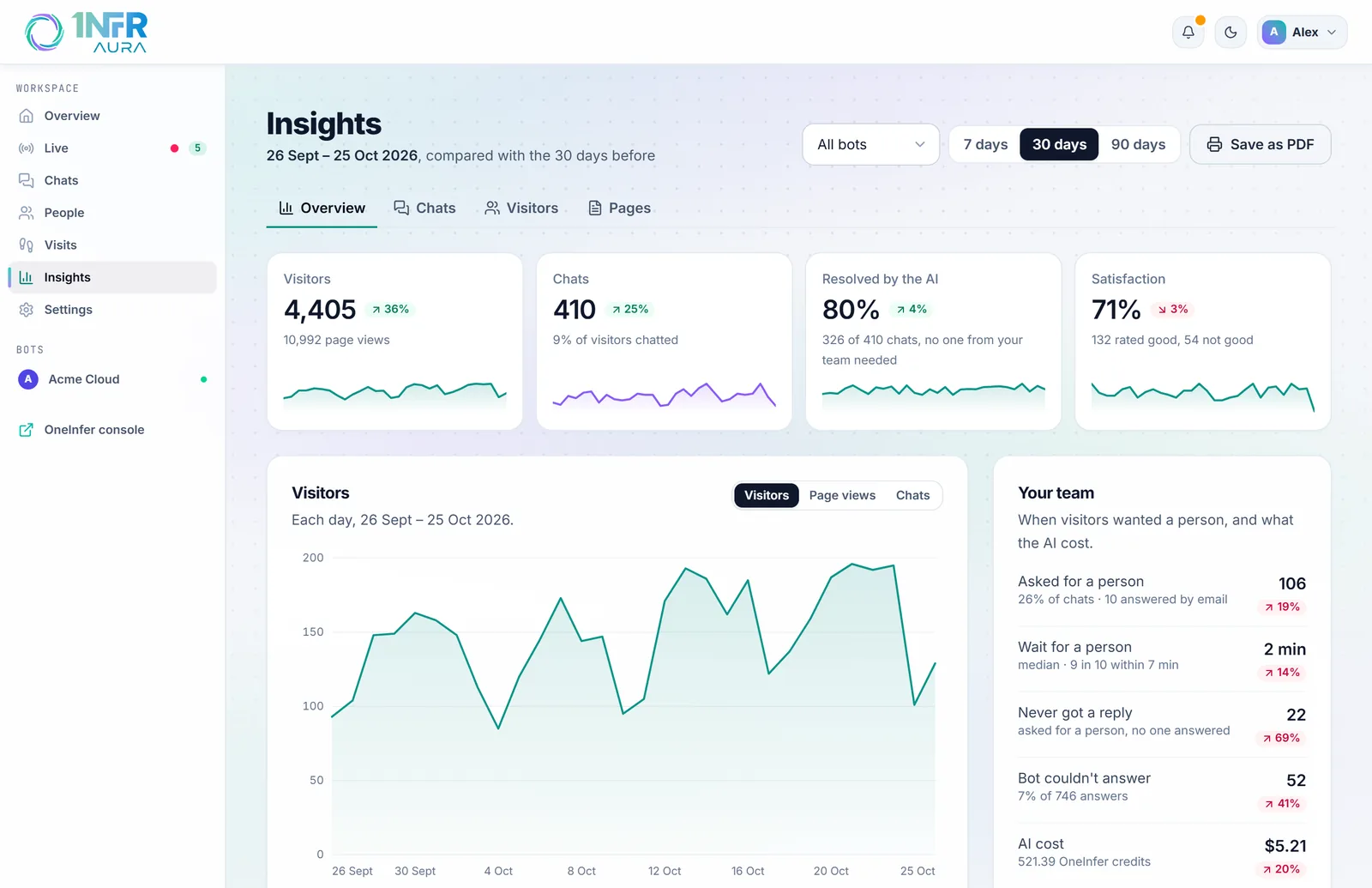 Insights Overview: visitors, chats, resolved by the AI and satisfaction, with the traffic chart and the team card