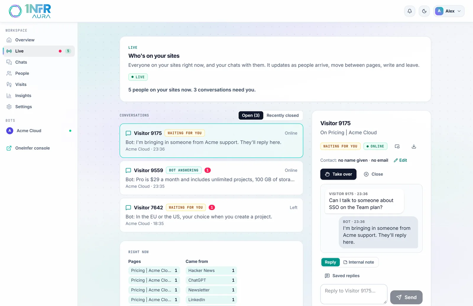 Live: open conversations on the left, people online grouped by chat, and a visitor's chat open