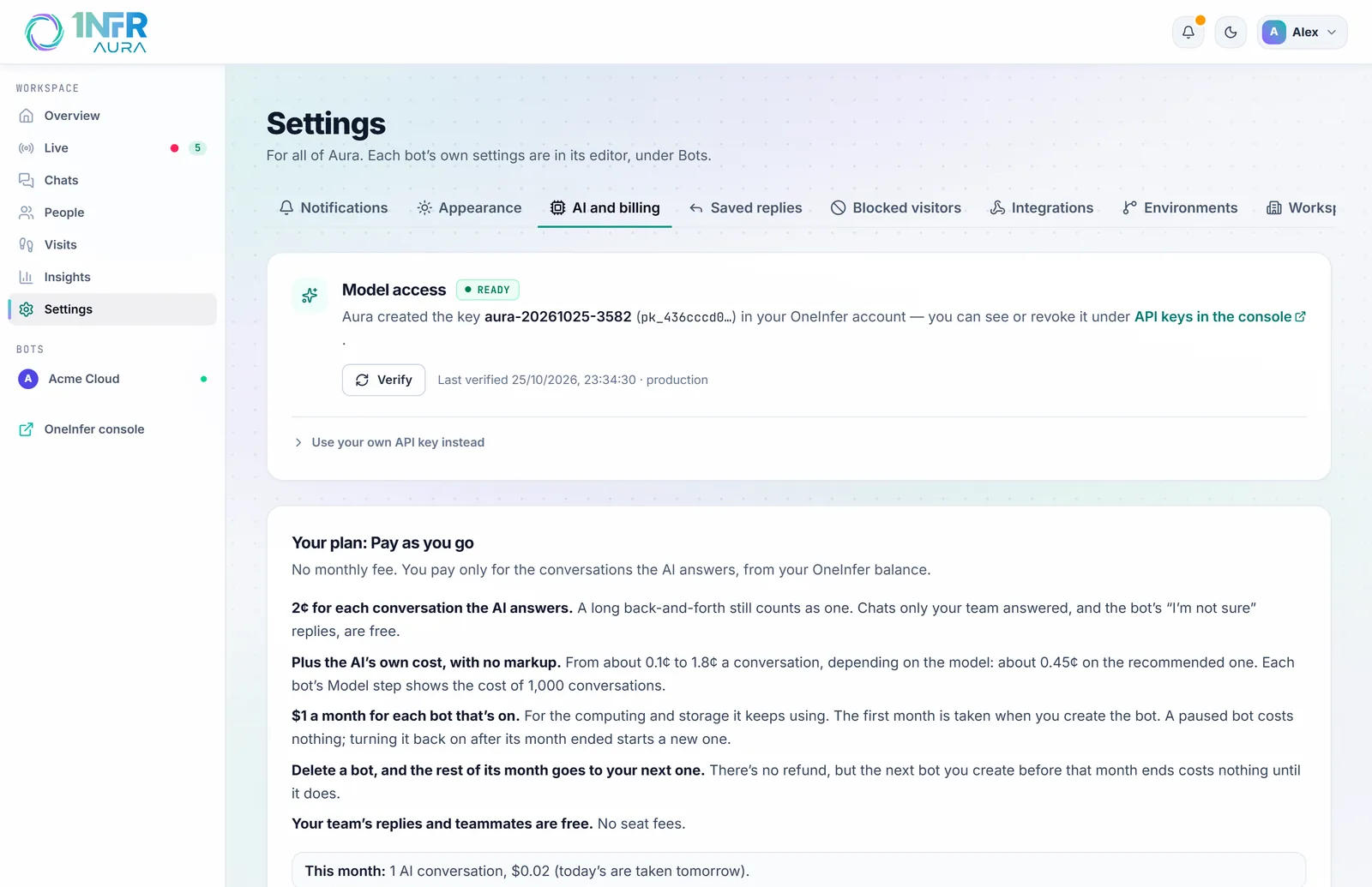 Settings, AI and billing: model access, and the plan with this month's AI conversations