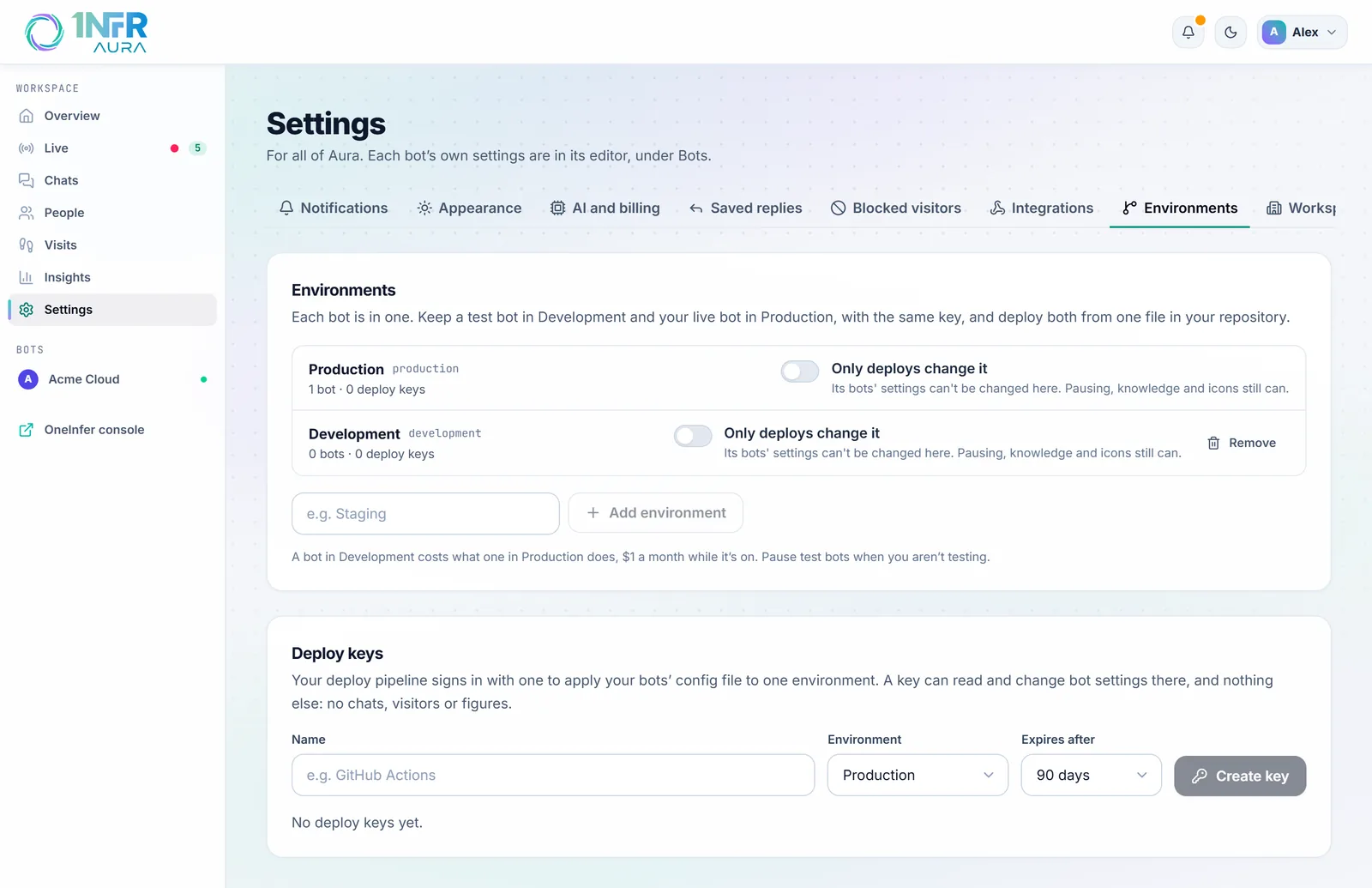 Settings, Environments: Production and Development, and the deploy keys