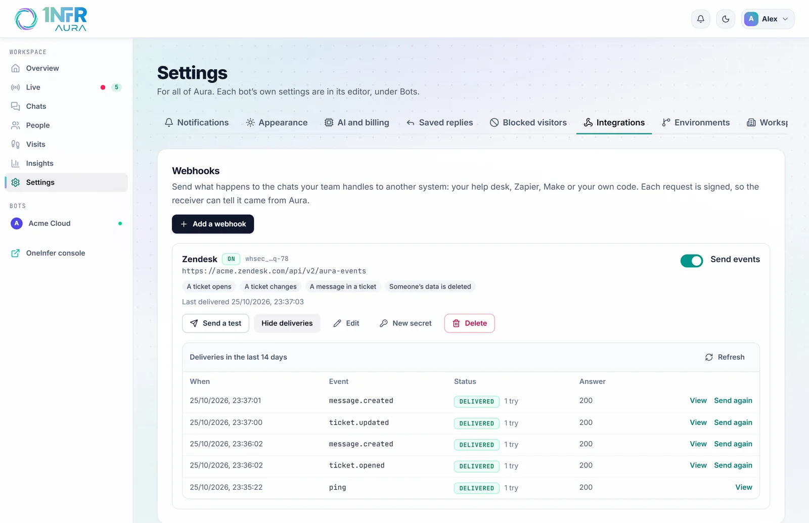 Settings, Integrations: a webhook to a help desk with its deliveries