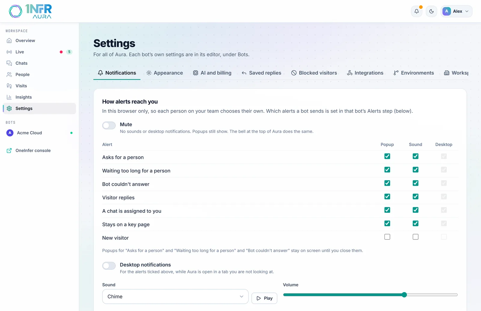 Settings, Notifications: each kind of alert with popup, sound and desktop choices