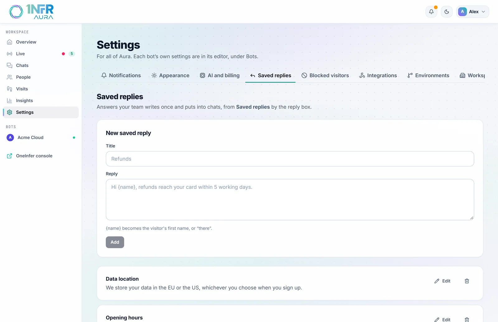 Settings, Saved replies: four replies with their text