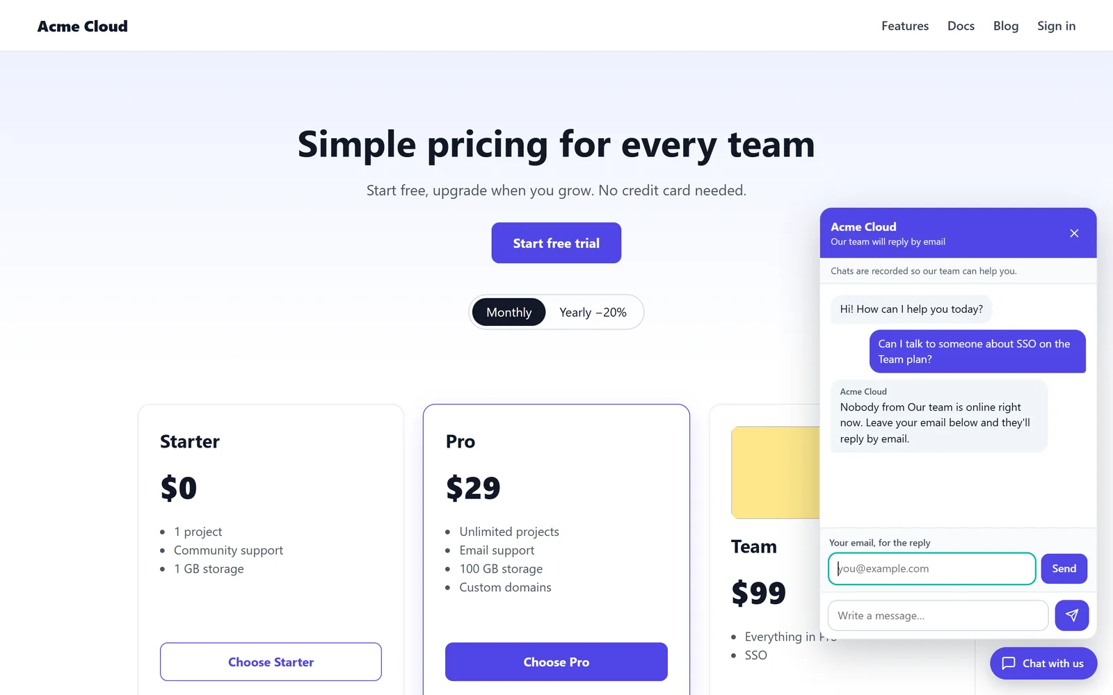 The chat on a site: the bot asks for an email while the team is away