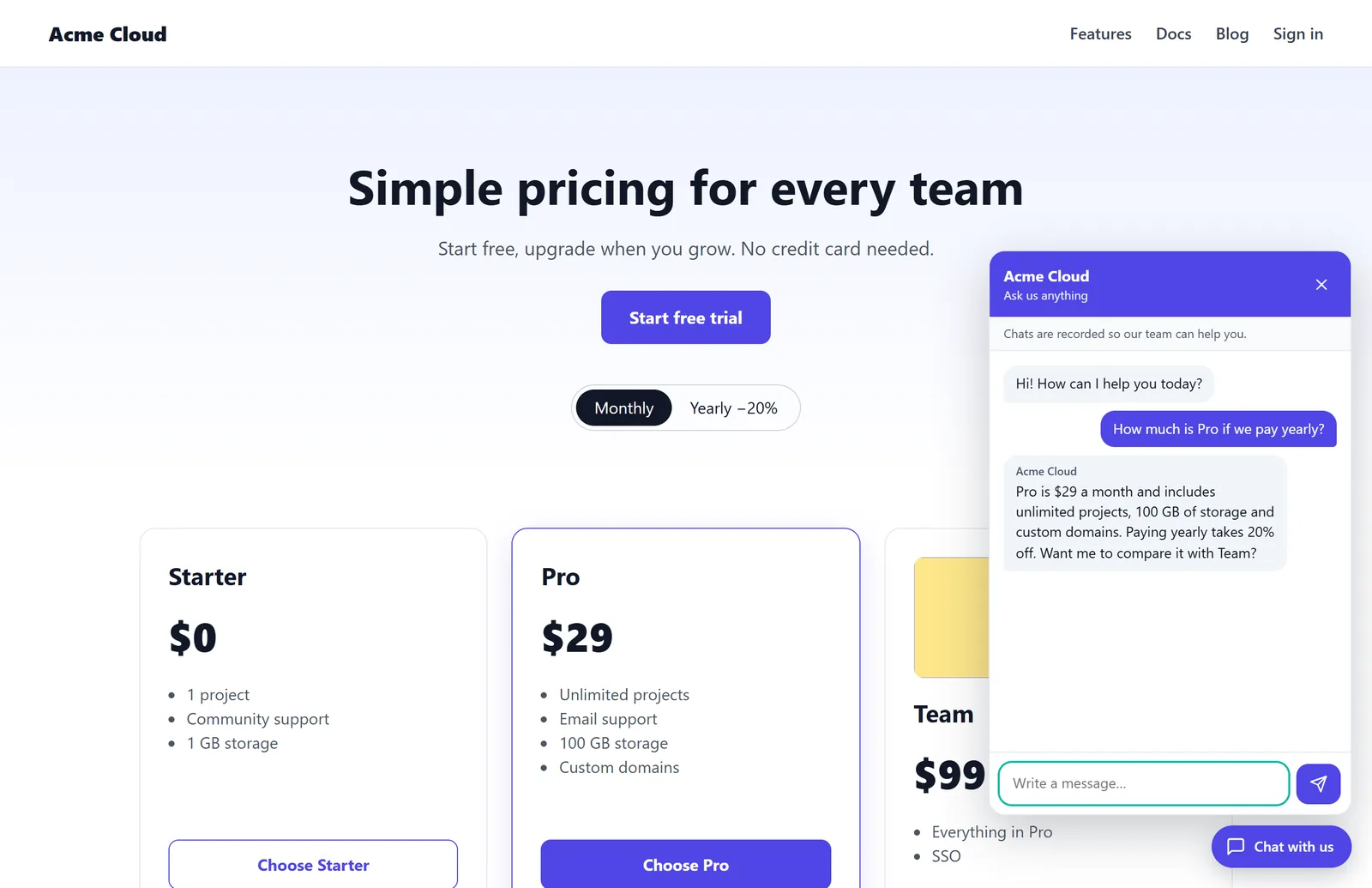 The chat on a pricing page: the visitor asks about Pro, and the bot answers from the site's knowledge